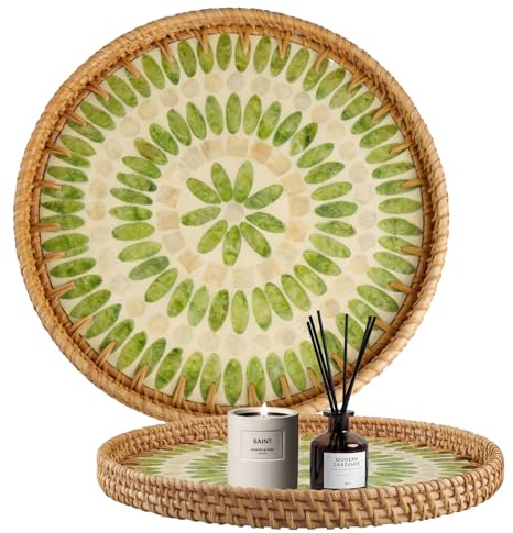 duisoad Round Rattan Tray Wicker Tray Round Rattan Tray for Table Decoration, Home Decoration, Jewelry Storage