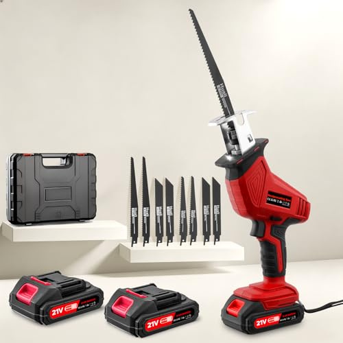 Yelyee Reciprocating Saw with 8 Saw Blades, DC 21V Cordless Reciprocating Saw with 2x2000mAh Battery, 0-4000 RPM Variable Speed Electric Saw for Wood, Plastic and Metal Cutting