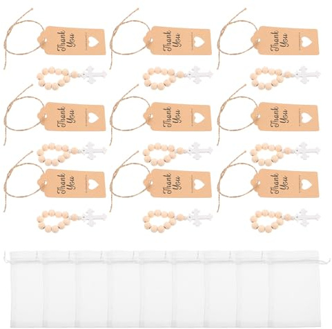 VALICLUD Set 10 Rosari Battesimali Croce in Legno Massello, Perline Lisce Arrotondate, Bomboniere Battesimo e Prima Comunione, Confezione Sacchetto Organza e Cartoncino, Regalo Religioso