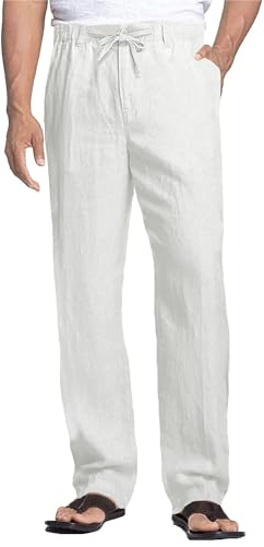 Cegerne Pantaloni di Lino Uomo Estivo Lungo Leggero Casual, Vita Elastica Zip e Coulisse, Tasche Traspiranti per Spiaggia Vacanze Quotidiano