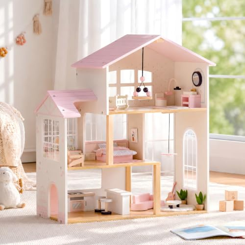 ROBUD Wooden Dolls House, 3 Storey Dollhouse with 37 PCS Toy Furniture