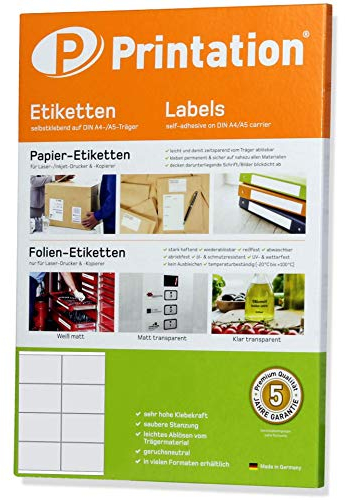 Printation Etiketten Selbstklebend 105x57 mm, Aufkleber zum Beschriften, 10 Adressetiketten pro Blatt, 100 Klebeetiketten zum Bedrucken, Weißes Mattes Papier, A4, Bedruckbar, 10 Blatt, Labels 105x57