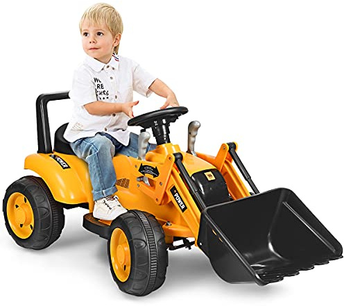 FFlyer Kids Ride on Excavator, 6V Battery-Powered Loader Digger w/Controllable Digging Bucket, Horn & Forward/Backward/Stop, Ride on Construction Backhoe Vehicles for Toddlers Boys (Yellow)
