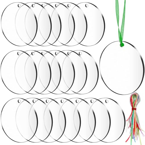 SANNIX 40 Pieces Acrylic Plate Round, Round Acrylic Disc with Hole, Acrylic Pendant, Acrylic Disc for DIY Christmas Decoration