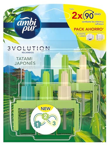 Ambipur 3Volution Tatami Japonés Recambio De Ambientador Electrico 80ml, 3 Aromas Que Se Alternan Para Eliminar Olores, El embalaje puede variar