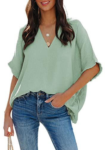 Dokotoo Damen Bluse V-Ausschnitt Musselin Tunika Shirt Oberteil Sommer Kurzarm Oversize Longshirt Leinenbluse Tops, grün, L