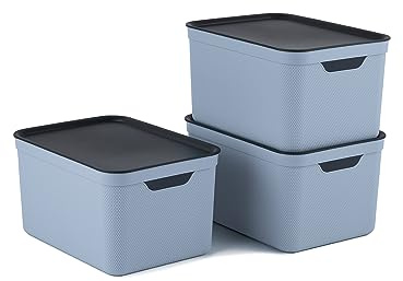 Jive 3er Set Dekobox A4 fog blue 3er- Set Aufbewahrungsbox 16l mit Deckel, Kunststoff (PP recycelt), blau/anthrazit, 3x16l (37.5 x 27.8 x 29.8 cm)