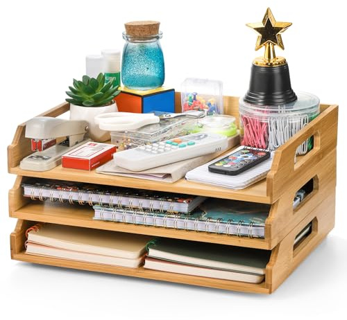 Okllen 3 Pack Stackable Paper Trays, Bamboo Desk Letter Tray Set, 3 Tier File Document Organizer Tray for A4 Paper, Magazine, Receipts, Office Supplies