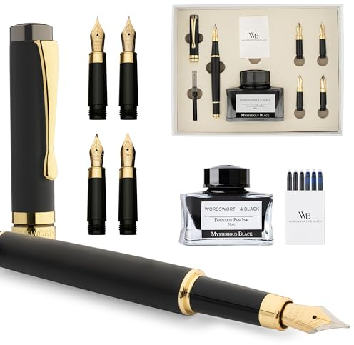 Wordsworth & Black Fountain Pen Gift Set, Include bottiglia d'inchiostro, 6 cartucce d'inchiostro, convertitore di ricarica, 4 pennini di ricambio, bambù di lusso, calligrafia, penne [Legno nero]