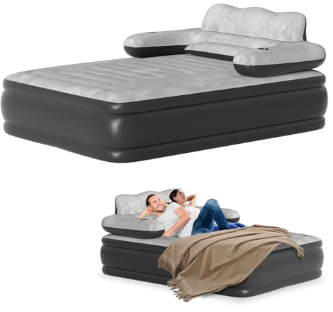 Suusolny Materasso matrimoniale ad aria con pompa in materiale floccato, materasso gonfiabile con schienale portatile, ideale per letto degli ospiti e letto da campeggio - 195 x 145 x 42 cm