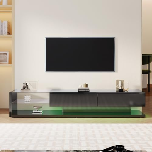 Generisch Mueble para TV moderno y brillante con iluminación LED, color negro brillante, para salón, 170 x 38 x 36 cm, 2 cajones y 2 estantes de cristal, elegante almacenamiento y luz ambiental