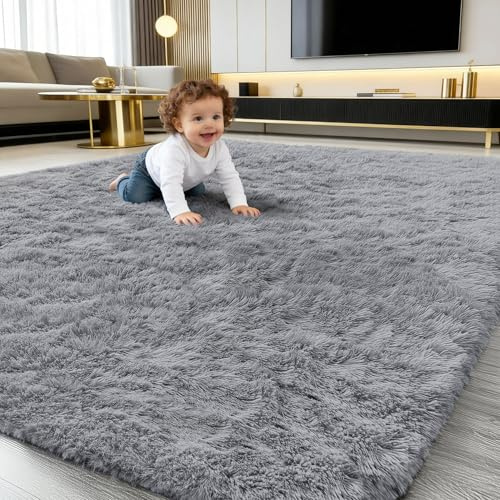 smiry Fluffy High Pile Rugs Living Room, Large Anti Slip Shaggy Soft Carpet, Machine Washable Modern Thick Area Rugs for Bedside, Kids Bedroom - Grey, 200 x 280 cm