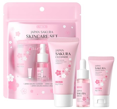Sakura Ensemble de Soins de la Peau, Trousse de voyage avec Crème Nettoyante, Toner, Sérum, Set de Soins Hydratants, Coffret Cadeau de Soins de la Peau pour Adolescentes et Femmes