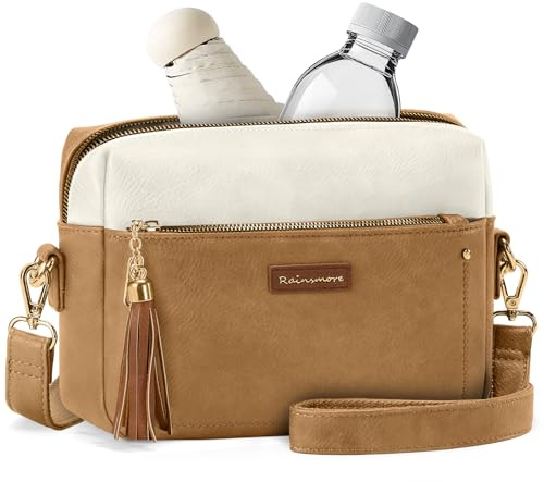 RAINSMORE Bolso Bandolera Mujer Mediano Bolsos de Mujer Cuero PU | Bolso Cruzado Pequeño con Gran Capacidad para Paraguas y Botella 550ml, Bolso de Hombro con Borla y Cremallera Antirrobo