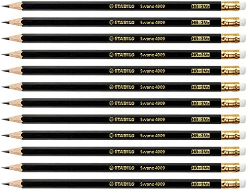 STABILO - Bleistift mit Radierer - Swano in schwarz - 12er Pack - Härtegrad HB