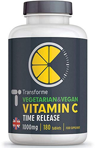 Vitamin C 1000mg Tablets | 180 Vegan High Strength Ascorbic Acid Tablets | Support for Joints Through Collagen Formation for Bones and Cartilage | for Skin and Immune System | UK Made by Transforme