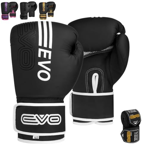 EVO Fitness Matte Black Boxing Gloves MMA Muay Thai Martial Arts Kick Boxing Sparring Training Fighting Men Punch Bag Women Pink Gloves With Hand Wraps (White, 12 OZ)