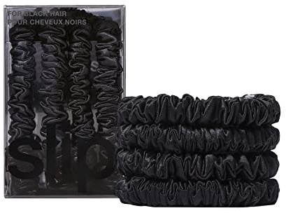 Slip Silk Skinny Scrunchies – Schwarz | 4er-Set Pure Skinny Scrunchies | 100% Maulbeerseide, knitterfrei, sanft zum Haar, reduziert Haarbruch | Stilvoll und langlebig, ideal für alle Haartypen