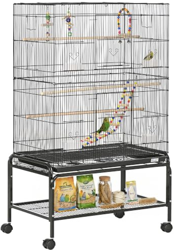PawHut Cage à Oiseaux avec Support à roulettes - Volière Grande Taille 79x49x133cm pour Perruche Canari - 10 Portes et 1cm Espacement, Espace Spacieux avec Accessoires et Nettoyage Facile, Noir