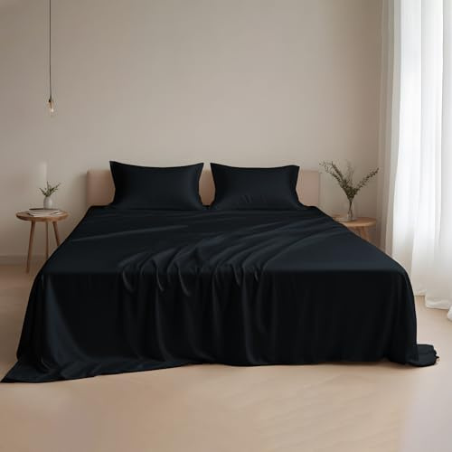 LINENWALAS Juego de sábanas 100 % seda de eucalipto, tamaño doble, sábanas refrescantes de lujo Tencel Lyocell, más suaves que la ropa de cama de algodón egipcio, absorben la humedad, hipoalergénicas