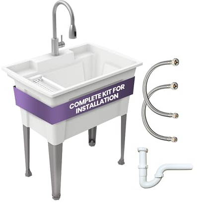 Freestanding Utility Sink with Gooseneck Faucet - 32 Plastic Utility Sink with Steel Legs for Garage, Laundry, Indoor and Oudoor Use - Laundry Tub Kit by Noah William Home - White (25.6 gal)