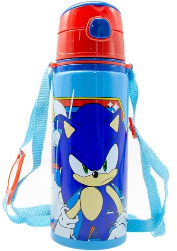 CARTOON Borraccia in alluminio con cannuccia Sonic riccio blu 600 ml bottiglia con apertura automatica per bambini