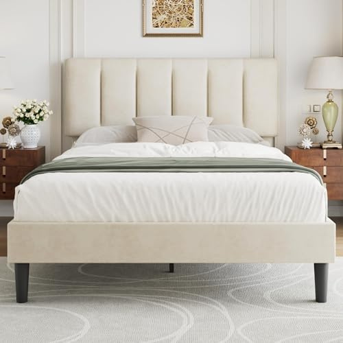VECELO Double Size Bed Frame 4ft6 Upholstered Platform with Adjustable Velvet Headboard, Sturdy Wooden Slat Support, No Box Spring Needed, Easy Assembly, Beige
