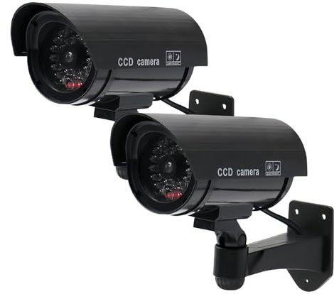 2 Stück Kamera Attrappe, Überwachungskamera Attrappe mit Rot Blinkender LED, Fake Überwachung Kamera CCTV, Fake Kamera, Wandhalterung Attrappe Kamera, Dummy Kamera für den Innen- Außenbereich (Black)