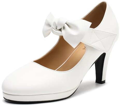 LIURUIJIA Women's Chunky Heel Mary Janes Platform Pumps with Bow Strap Retro High Heel Round Toe Dress Shoes for Daily Work Cosplay White Matte 9.5