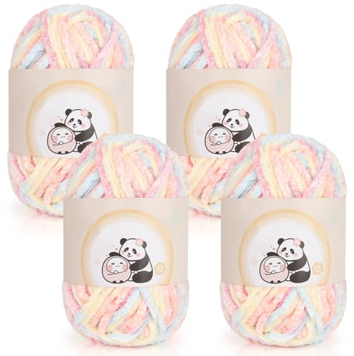 Aeelike Chenille Yarn Set 400g, 4 Pack Plush Chunky Chenille Yarn Gradient, Soft Fluffy Baby Velvet Thick Chunky Knitting Wool for Crochet Amigurumi, Blankets, Scarves, Socks & DIY Crafts, Rainbow