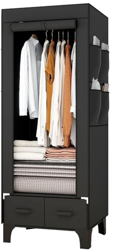 OPPAIYA Canvas Wardrobe, Temporary Wardrobe With Hanging Rails, 2 Shelves, 8 Side Bags & 2 drawer, 160 * 45 * 59cm Small Portable Fabric wardrobes for bedroom Cheap, Wardrobes with drawers - Black