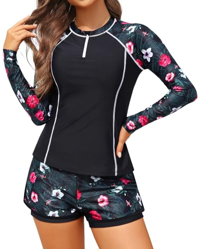 Black Flower Long Sleeve Rash Guard for Women - 2 Piece Swimsuit with Shorts Zip Up Swim Shirt with Built-in Bra L