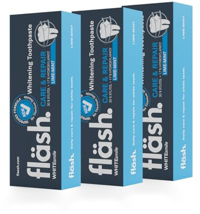 fläsh Limette-Minze: Whitening Zahnpasta | Tägliche Pflege für weiße Zähne | 17% Hydroxylapatit | 30% Xylitol | 75ml | 3er Pack