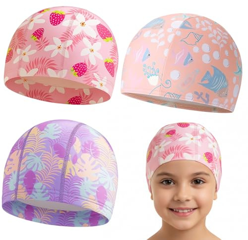 Badekappe für Kinder mit Langen Haaren, 3 Stück Kinder Badekappe Mädchen Lange Haare 3D elastische Bequeme Florale Stoffkappe Schwimmhauben Set in Lila, Rosa und Hellrosa