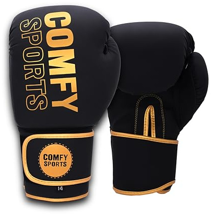 Comfy Boxing Gloves, Pro Training Sparring, Muay Thai MMA Kickboxing, Maya Hide, Leather Men Women Adult Kids, Heavy Punching Bag Mitts Pads Workout Gloves 10,12,14,16 oz (Gold/Black, 12 oz)
