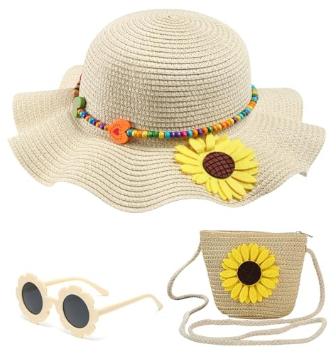 Girls Straw Hat with Bag Sunglasses Set for Kids Summer Sunflower Beach Straw Sun Wide Brim Hats Age 2-6