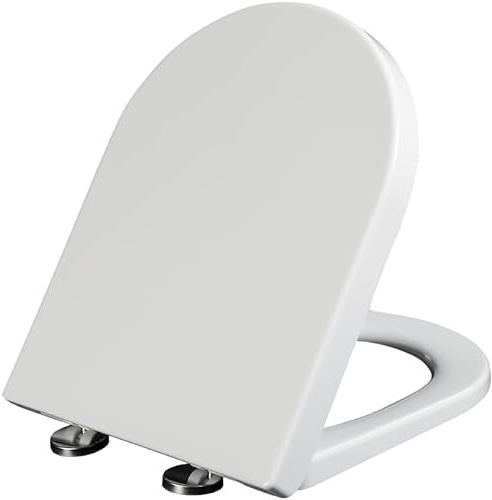 SXDMOUBK Asiento de Inodoro con Cierre Suave en Forma de D, Color Blanco, Suave para facilitar la Limpieza, bisagras de Acero Inoxidable con fijación Superior, bisagra Ajustable, 34 * 42 cm