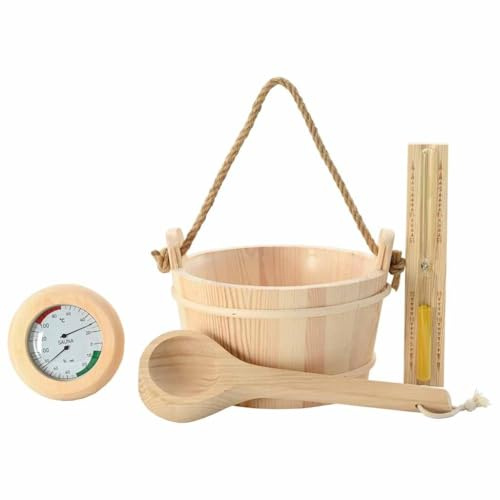 Sauna Accessory Set 4 Pieces Brown Solid Pine Wood Hemp with 4L Bucket Ladle Thermo-Hygrometer Hourglass for Wellness Spa Steam Bath Relaxation and Aromatherapy