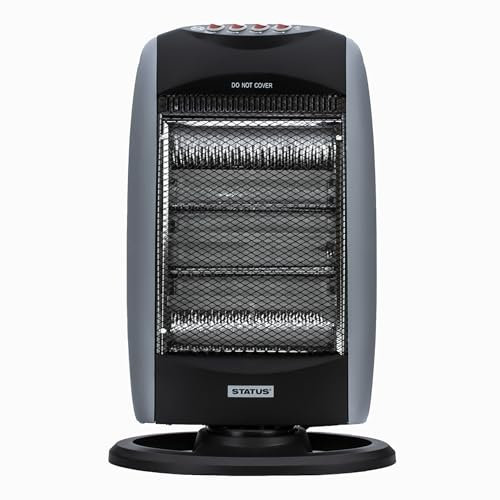 STATUS 1200W Halogen Heater, Three Heat Settings with Oscillation, Tip Over and Overheat Protection, Instant Infrared Indoor Appliance, Black and Grey (HH-1200W1PKB)
