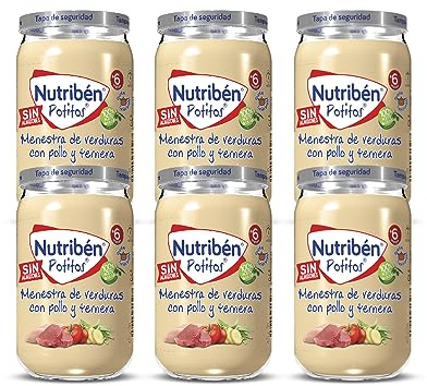 Nutribén Potitos | Tarrito de Menestra de Verduras con Pollo y Ternera | Para Bebés a partir de 6 Meses | Sin Almidones | Sin Azúcares Añadidos | Sin Gluten | Pack de 6 unidades