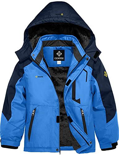 GEMYSE Boy's Waterproof Ski Snow Jacket Hooded Fleece Windproof Winter Jacket (Sky Blue,10/12)