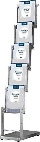 EUROPEL Porte-brochure sur pied, format 5 x A4, structure en aluminium pliable, bacs en acrylique transparent, socle en MDF 18mm, présentation 1 côté, avec sac de rangement ou de transport