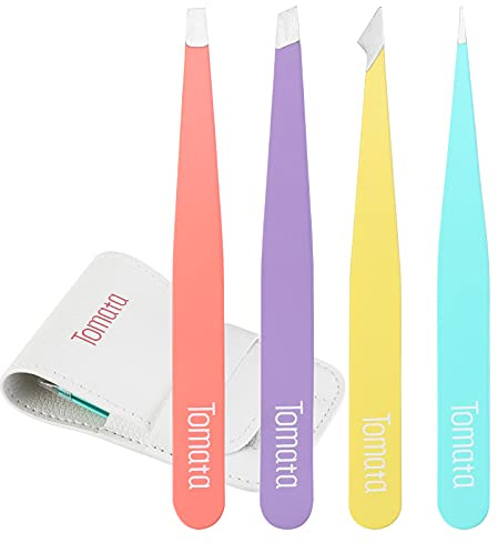 Tomata Tweezers for Eyebrows, Slant Tip and Pointed Eyebrow Tweezer Set Great Precision for Eyebrows Facial Hair, Ingrown Hair, Splinter, Blackhead and Tick Remover (4-piece) (Multi-color)