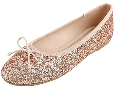 Feversole Dam Macaroon glänsande minnesskum kudde strumpa glitter runt tå balett platta pumpar, glitter roseguld, 37.5 EU