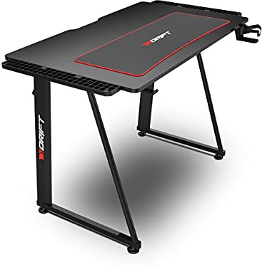 DRIFT GAMING -DRDZ75- Table de Jeu avec Plateau en Fibre de Carbone recouvert d'un Tapis Pleine Grandeur, Support pour Tasses et écouteurs, Pieds réglables, Couleur Noire