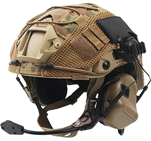 AQzxdc Set Casco Veloce, Equipaggiamento Protettivo in Stile Militare con Auricolare Tattico e Copertura per Casco, per La Caccia All'aperto di Paintball Airsoft,Beige,L