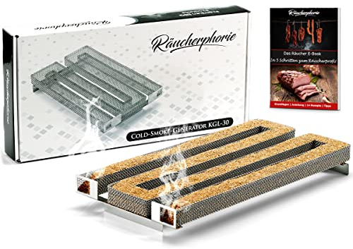 Räucherphorie® Kalträuchergitter XL - Robuster Kaltraucherzeuger aus Edelstahl + E-Book für extra langes Räuchern im Räucherofen, Grill, Smoker - Premium Räucherzubehör Extra Large (KGL30)