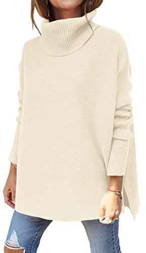 ANRABESS Women's Oversized Turtleneck Batwing Sleeve Spilt Casual Loose Knit Tunic Pullover Sweater Tops 2025 Fall Outfits Parchment Apricot Large
