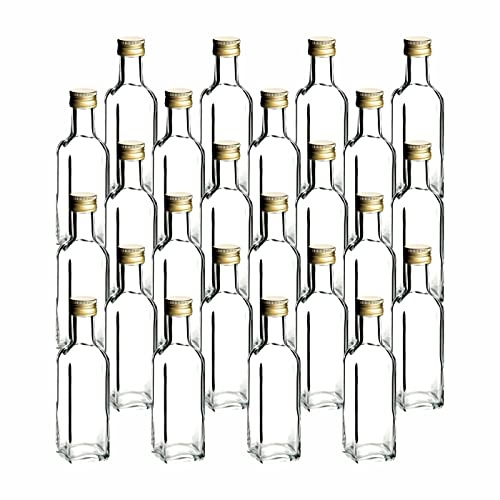 gouveo Set da 24 bottiglie in vetro Maraska quadrate (0,10 l) con tappo a vite oro PP 24 per liquore sciroppo olio aceto bottigliette porzione e assaggio (MFET100G)