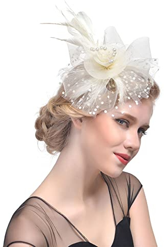 Fascinators per Capelli da Donna, Cappello da Cerimonia Nuziale da Donna con Fiore Piuma e Velo, Fascinator Chapeau per Matrimonio Festa Cocktail Banchetto, Carnevale - Bianco Crema